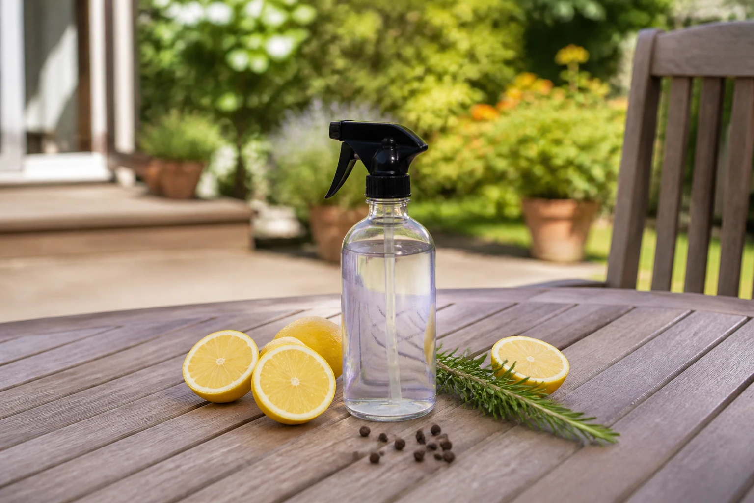 Flacon pulvérisateur de répulsif chien maison au vinaigre entouré de citrons et de poivre sur une terrasse en bois