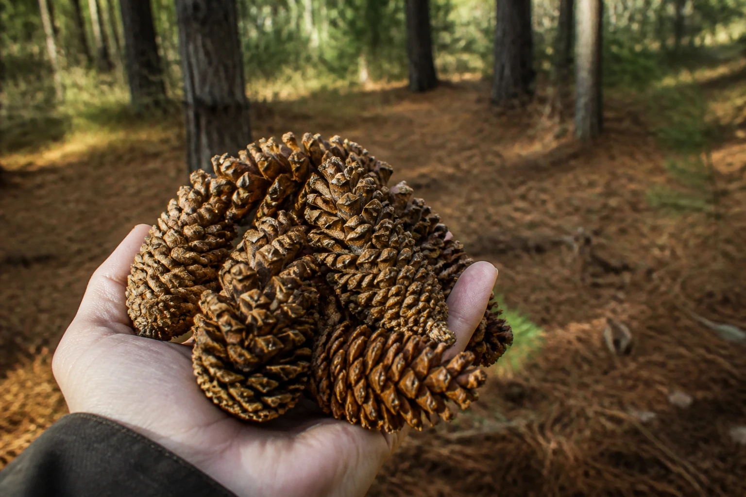 Main tenant des pommes de pin brun doré ramassées en forêt à l'automne