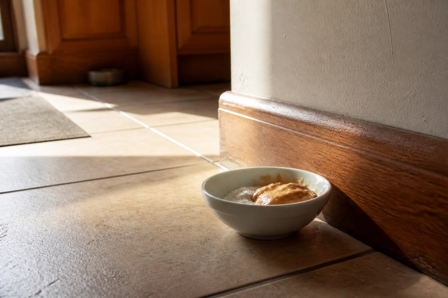 Coupelle d'appât au bicarbonate de soude posée près d'une plinthe de cuisine pour lutter contre les souris