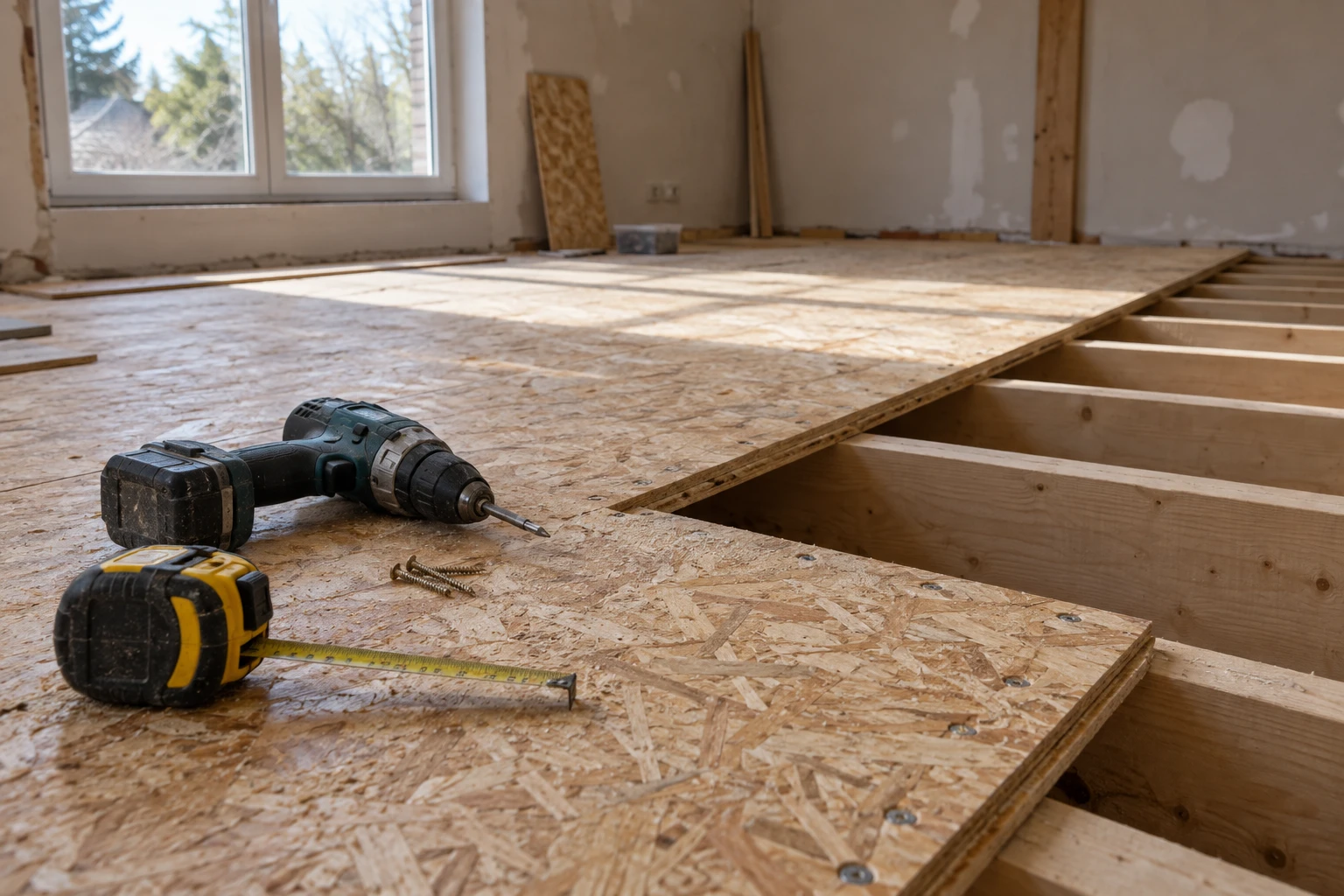 Pose de panneaux OSB rainurés sur solives lors de la rénovation d'un plancher intérieur