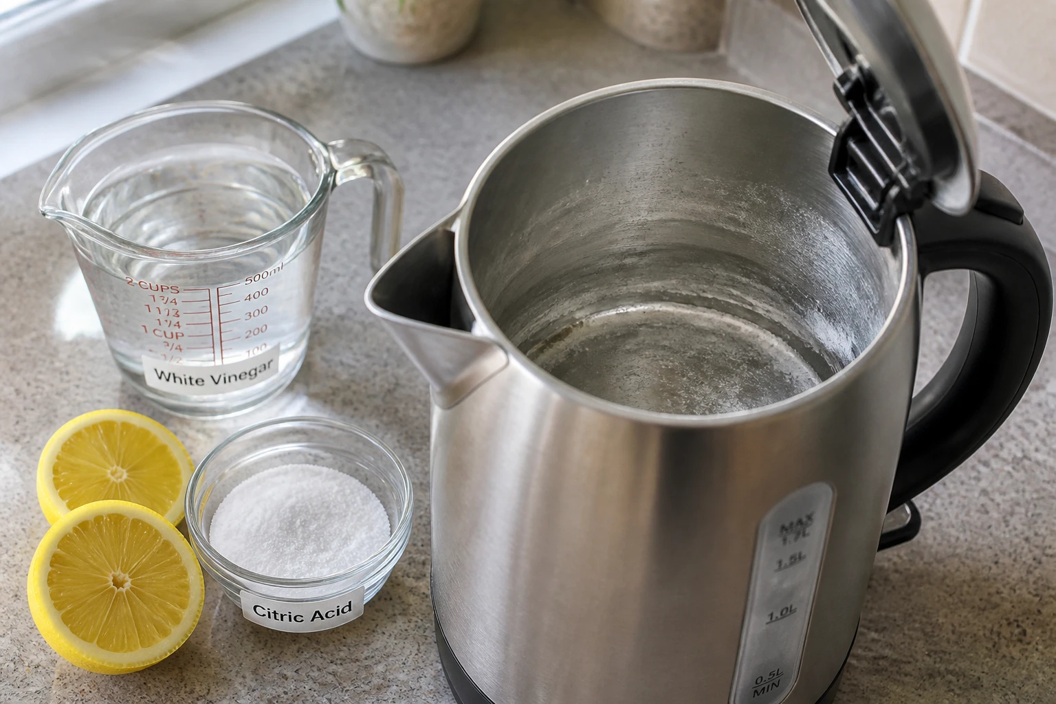 Bouilloire entartrée ouverte avec vinaigre, citron et acide citrique posés à côté sur un plan de cuisine