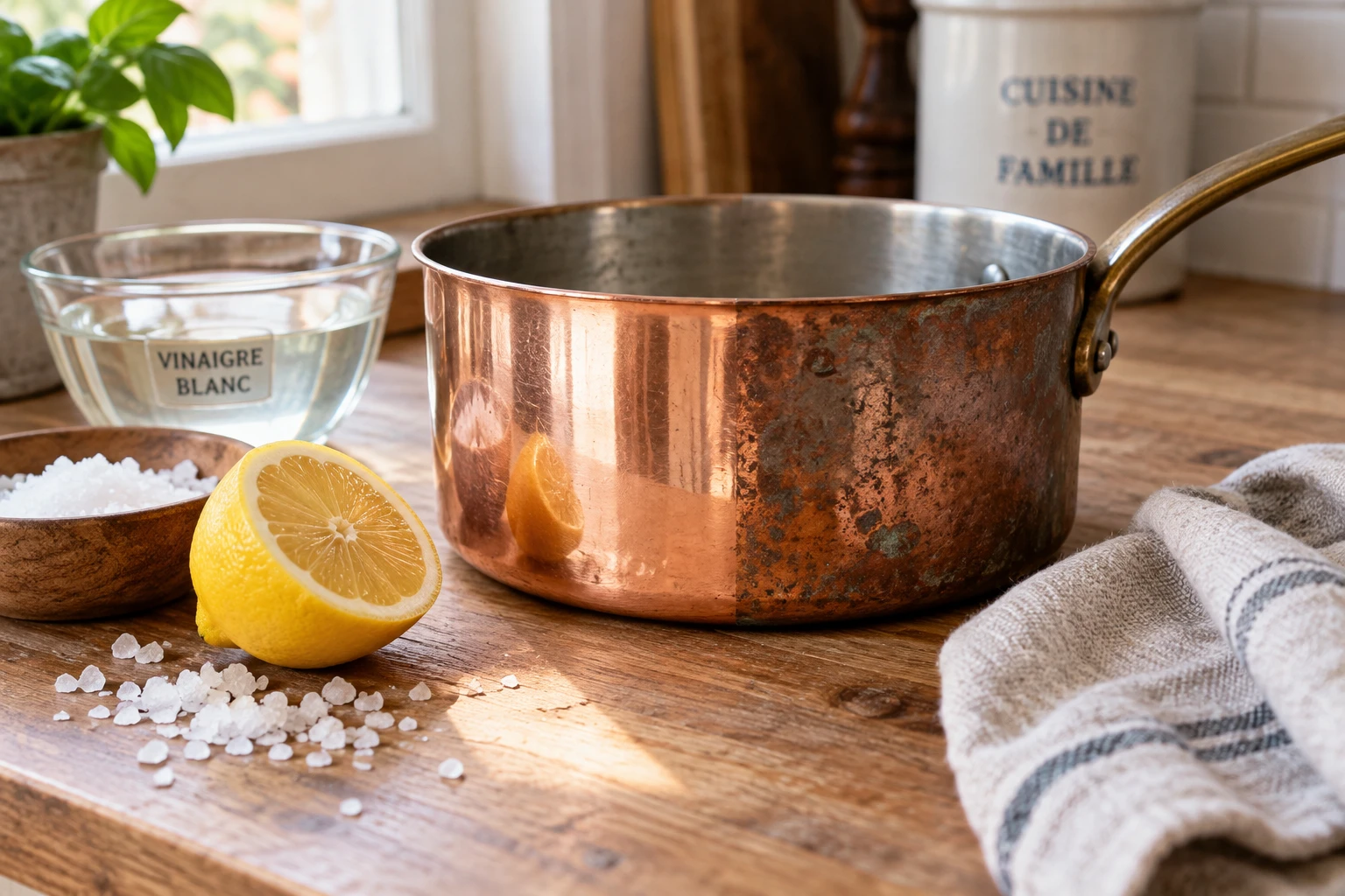 Casserole en cuivre à moitié nettoyée avec citron, sel et vinaigre sur un plan de travail en bois