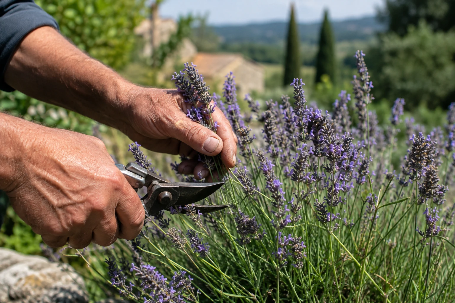 Mains taillant un pied de lavande au sécateur dans un jardin ensoleillé