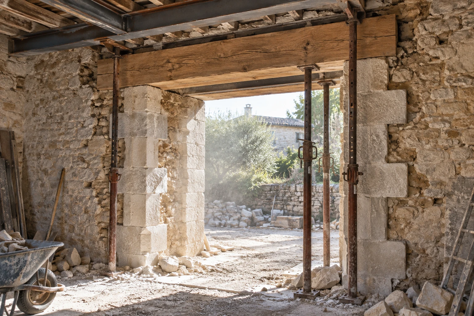 Ouverture dans un mur en pierre avec jambages harpés, linteau en chêne et étais métalliques