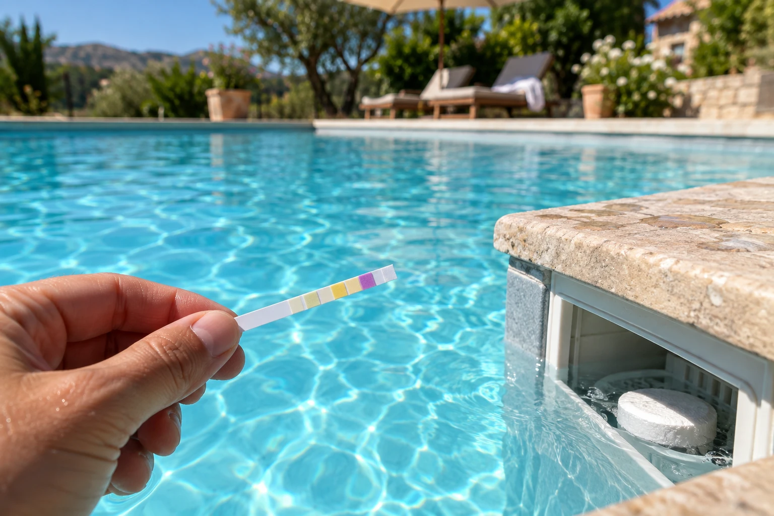 Bandelette de test de chlore tenue au bord d'une piscine ensoleillée