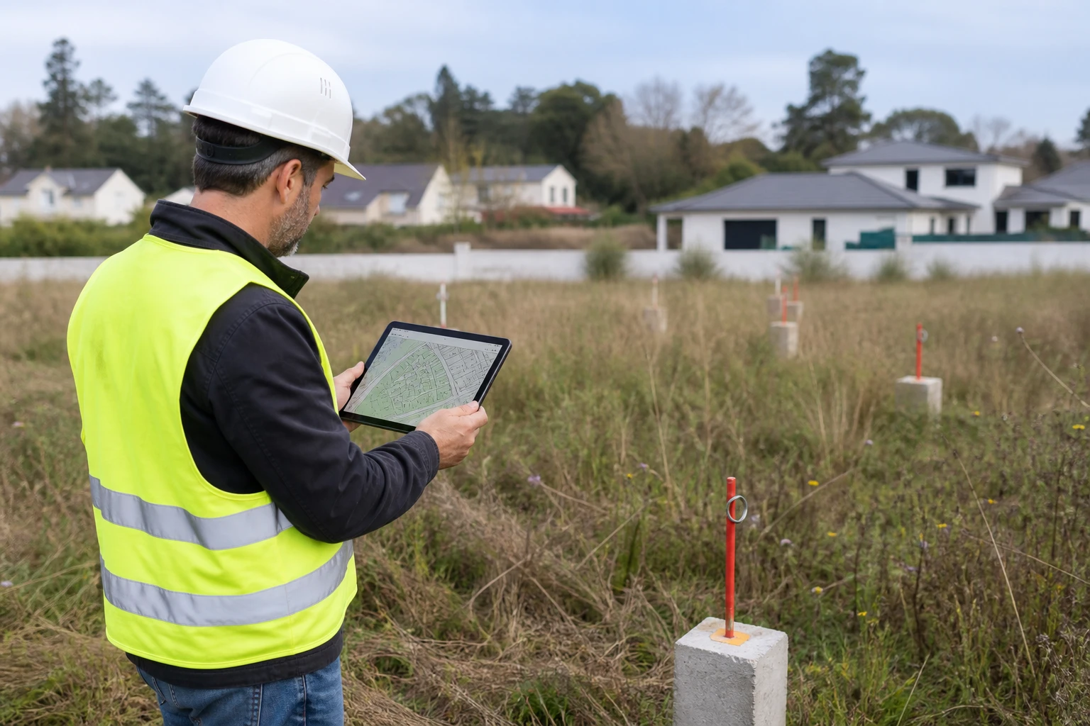 Homme consultant une carte cadastrale sur tablette devant un terrain avec bornes visibles