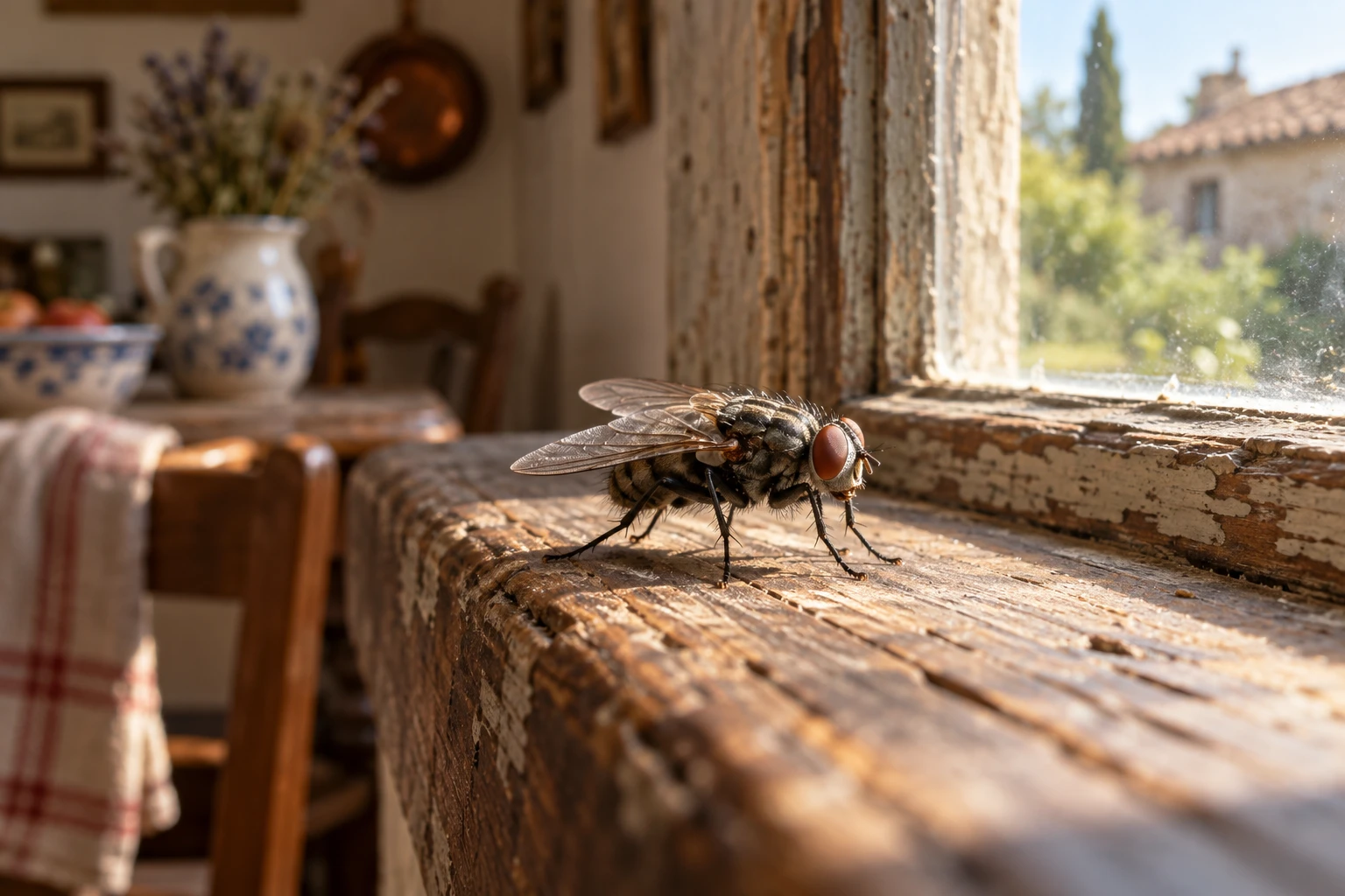 Mouche domestique posée sur le rebord d'une fenêtre en bois dans une maison
