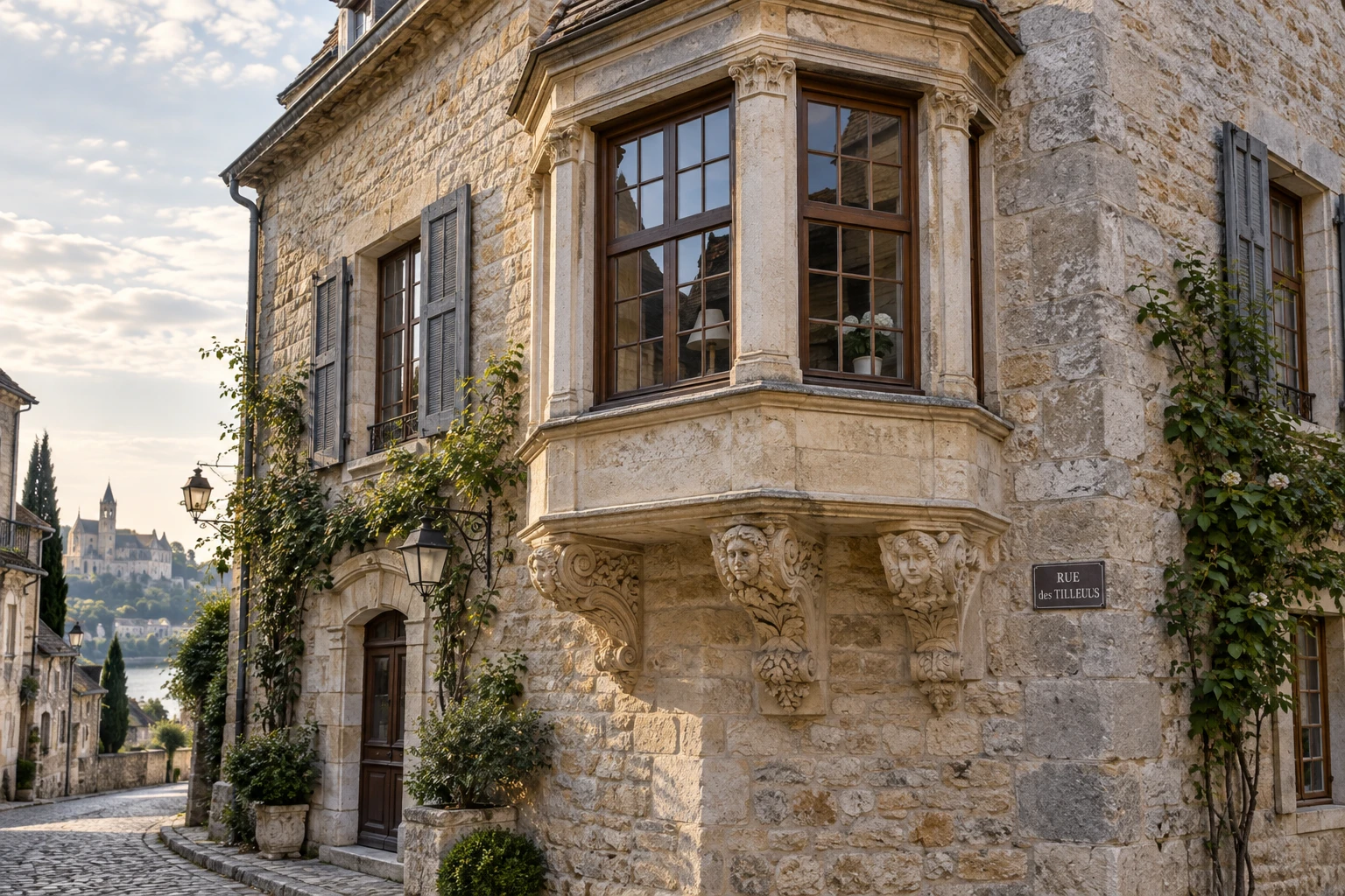 Fenêtre en oriel en encorbellement sur une façade en pierre ancienne, vue de rue