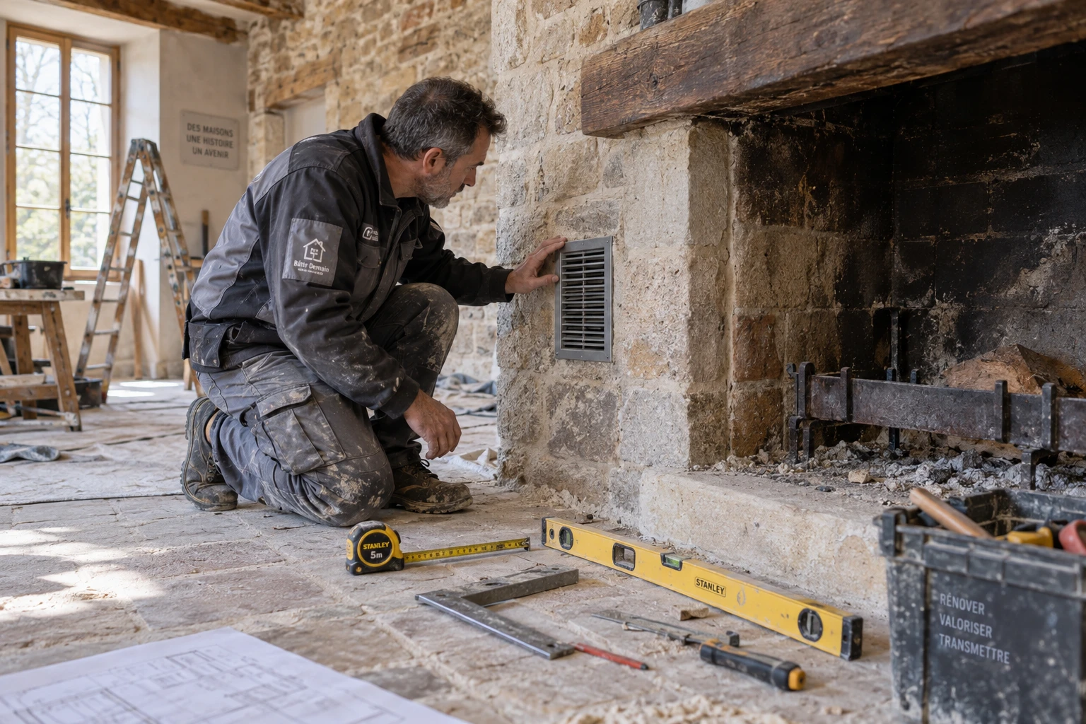 Artisan vérifiant la grille de prise d'air d'une cheminée à foyer ouvert dans une maison ancienne
