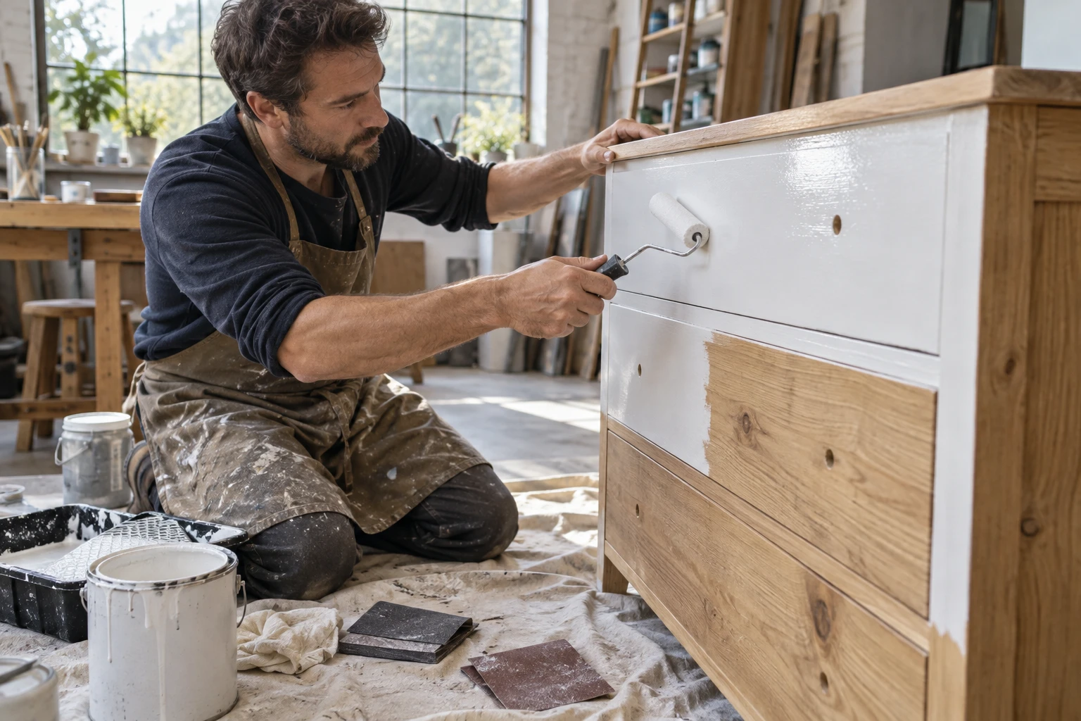 Artisan appliquant une peinture blanche laquée au rouleau sur une commode en bois