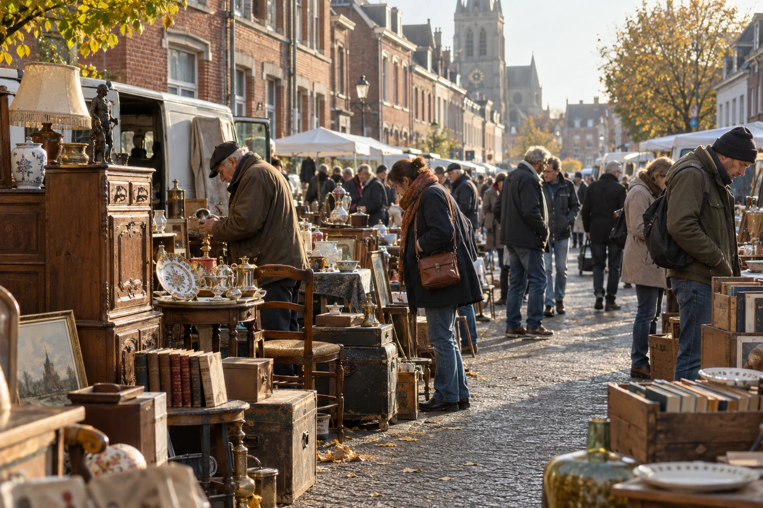 Étals d'une brocante dans une rue du Nord de la France avec des chineurs le matin
