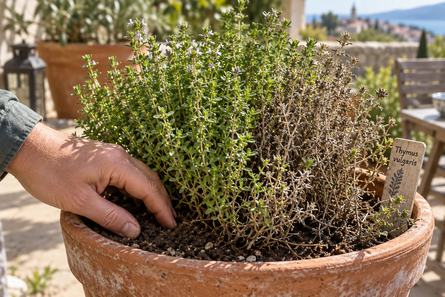 Pied de thym en pot avec des tiges sèches à côté de tiges vertes, main vérifiant l'humidité du sol
