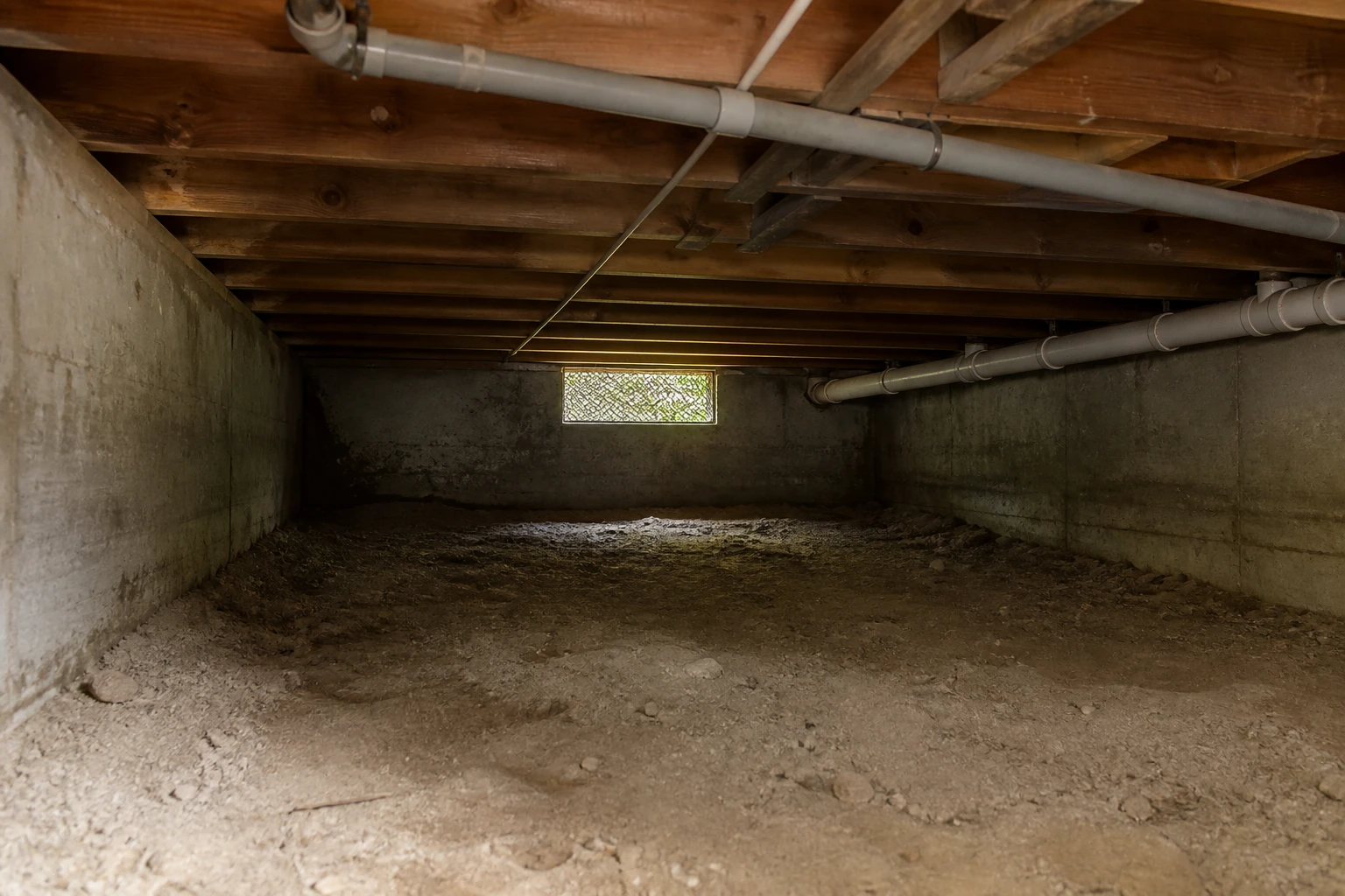 Vue intérieure d'un vide sanitaire de maison avec solives en bois et grille de ventilation