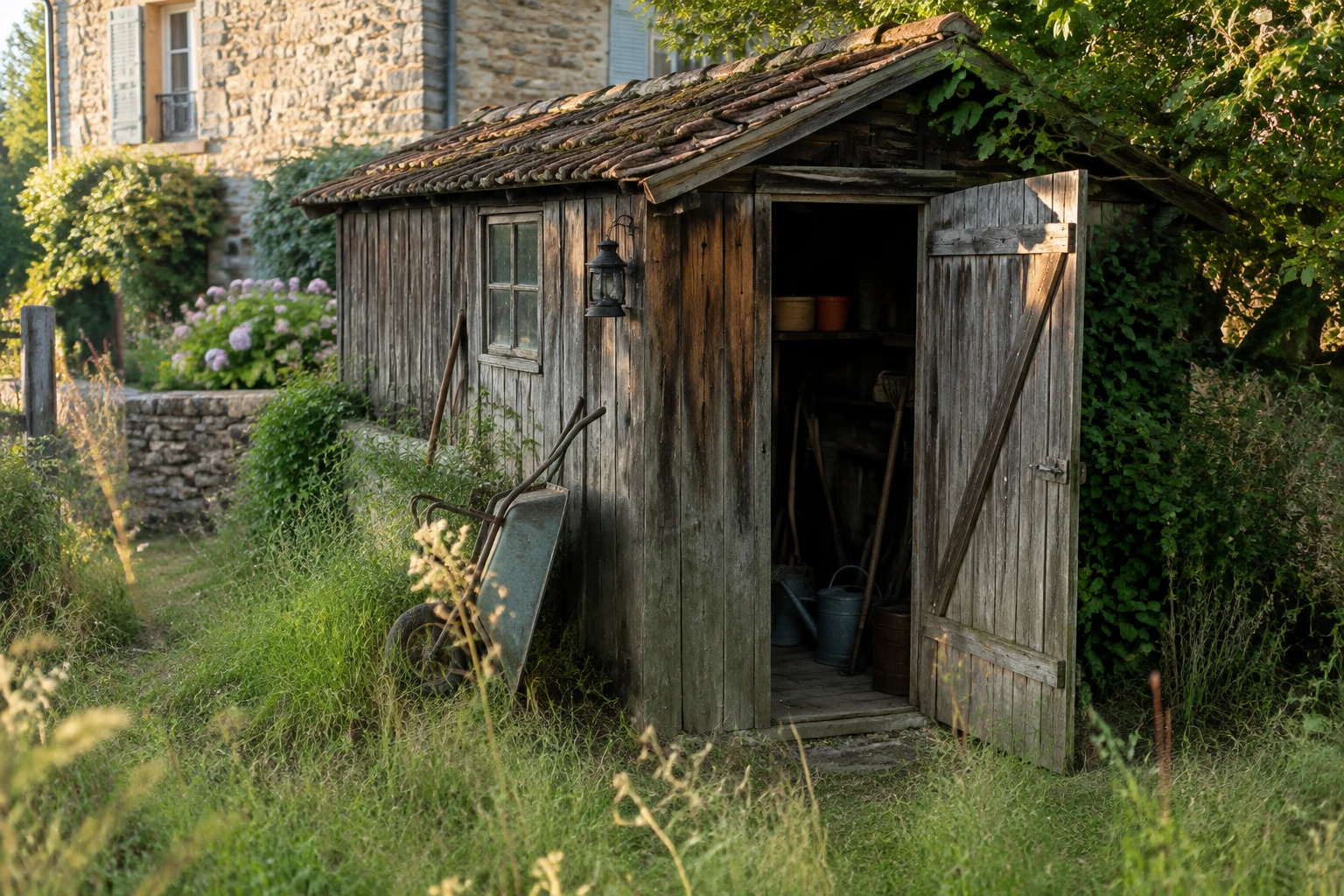 Vieil abri de jardin en bois patiné au fond d'un jardin, porte entrouverte, en lumière douce