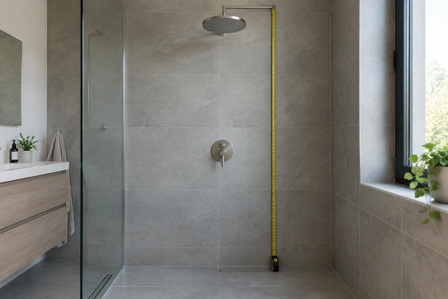 Mètre ruban mesurant la hauteur d'un pommeau de douche fixe dans une douche à l'italienne