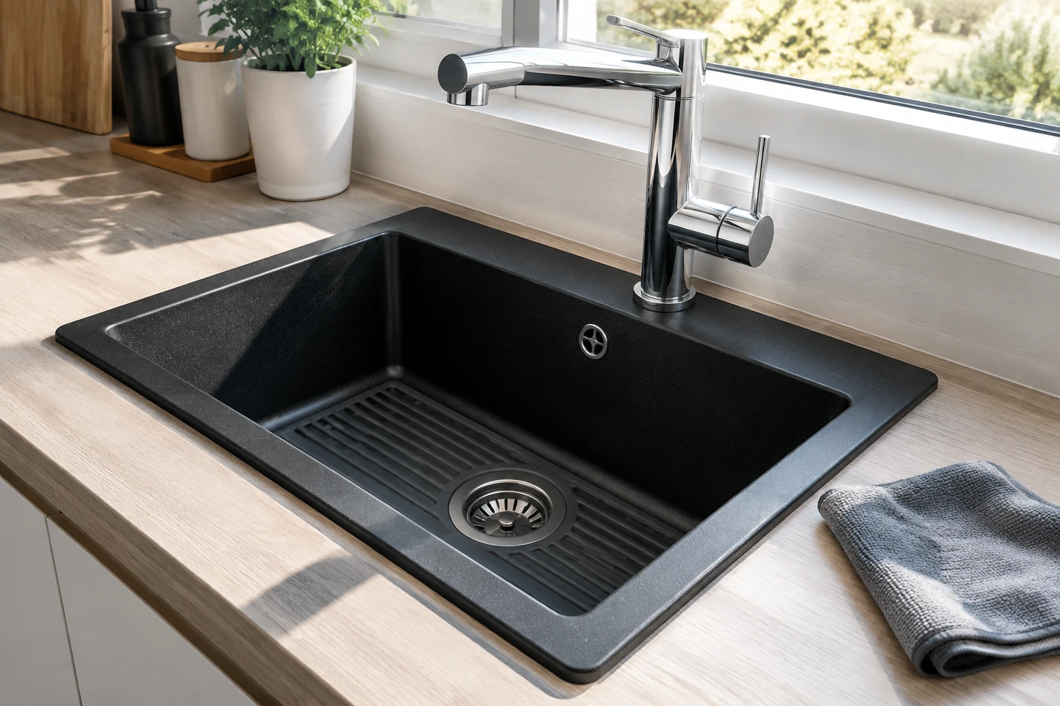 Évier en granit composite noir dans une cuisine moderne avec tapis de fond et microfibre