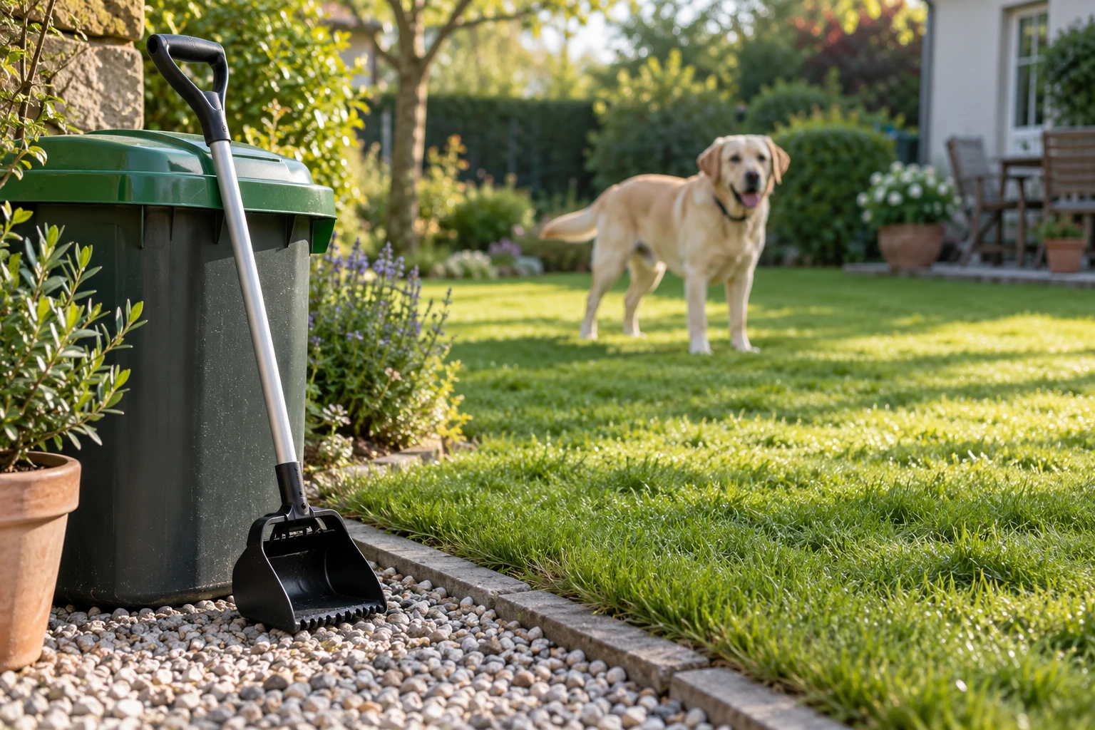 Coin gravier d'un jardin avec ramasse-crottes à manche long et poubelle à couvercle pour les déjections de chien