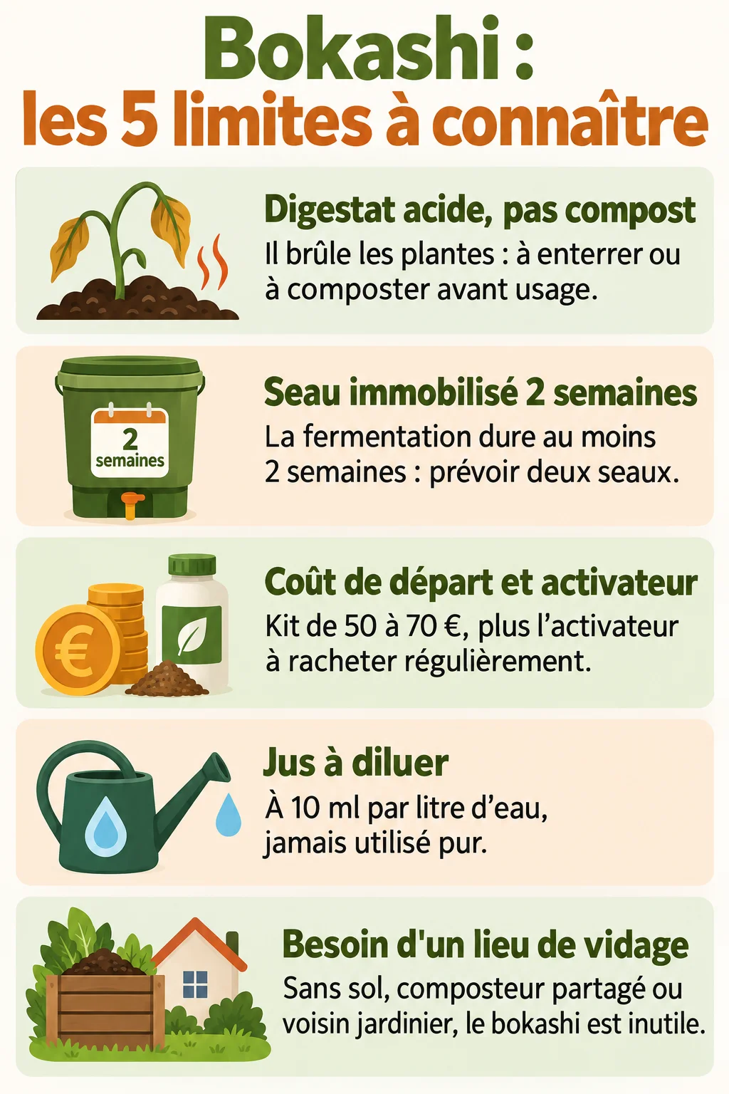 Bokashi : les 5 limites à connaître : Digestat acide, pas compost, Seau immobilisé 2 semaines, Coût de départ et activateur, Jus à diluer, Besoin d'un lieu de vidage