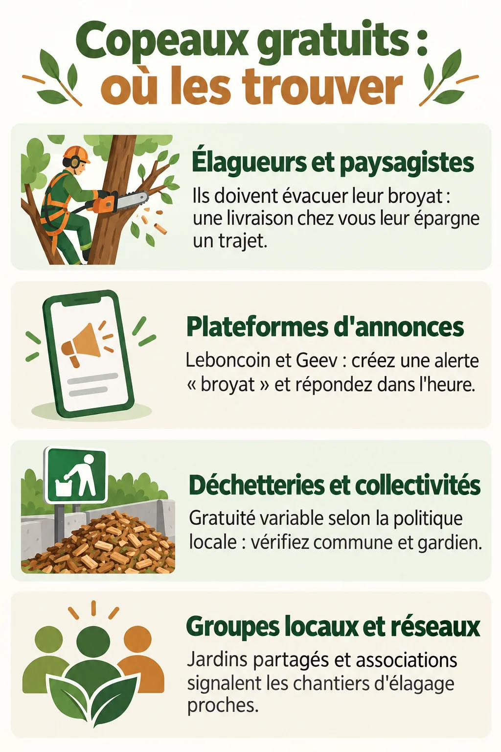 Copeaux gratuits : où les trouver : Élagueurs et paysagistes, Plateformes d'annonces, Déchetteries et collectivités, Groupes locaux et réseaux