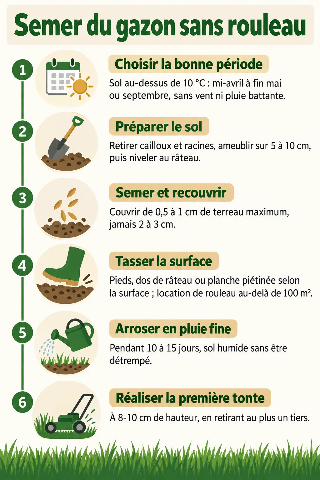 Semer du gazon sans rouleau : 1. Choisir la bonne période, 2. Préparer le sol, 3. Semer et recouvrir, 4. Tasser la surface, 5. Arroser en pluie fine, 6. Réaliser la première tonte