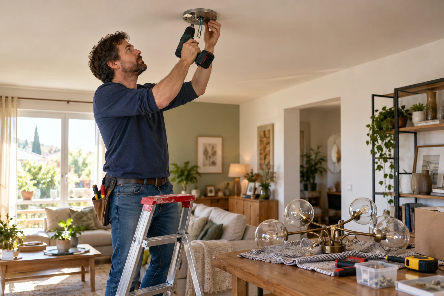 Installation d'une platine de fixation au plafond pour accrocher un lustre sans crochet