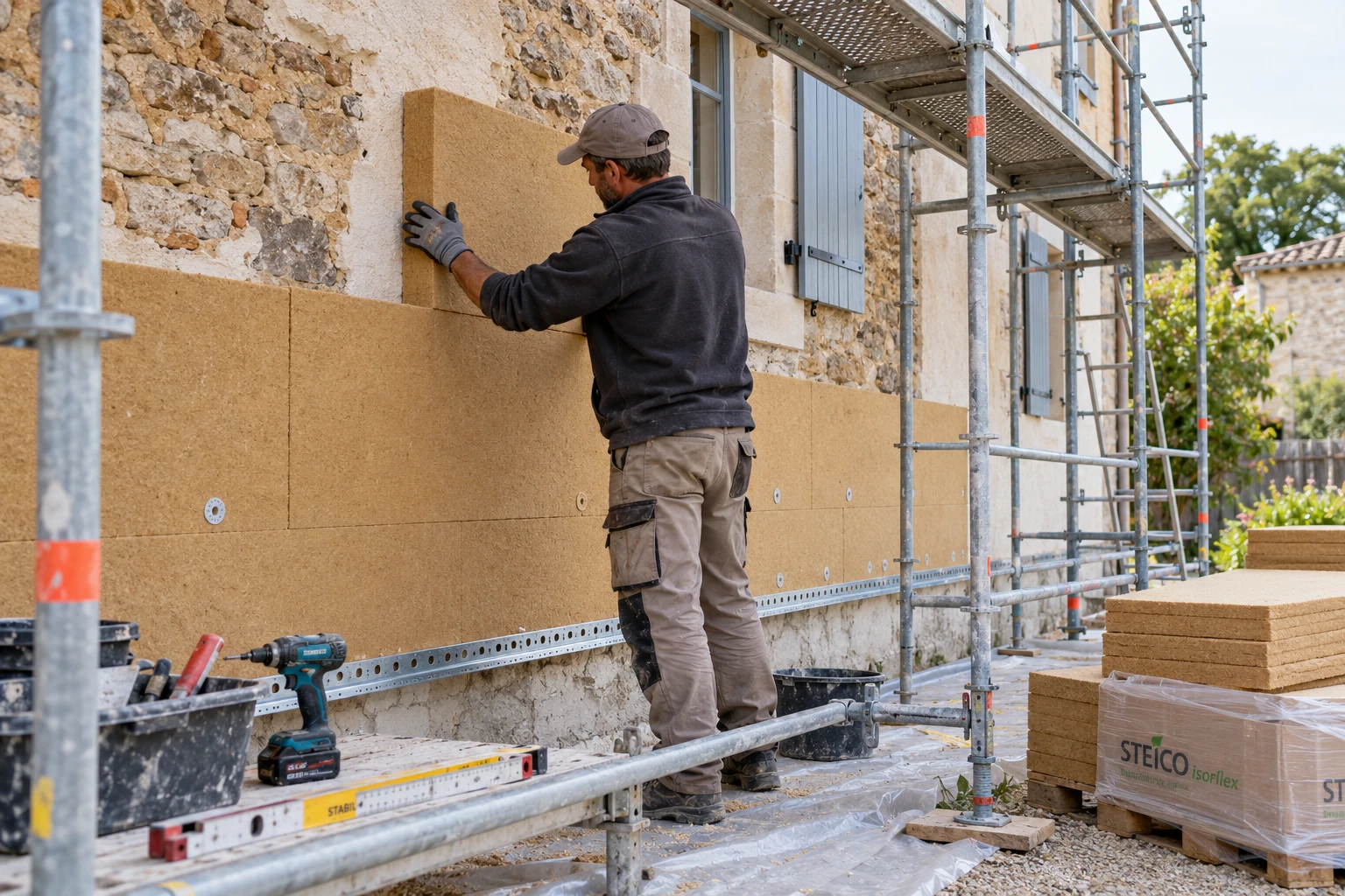 Bricoleur posant des panneaux isolants sur une façade avec échafaudage lors d'une isolation par l'extérieur
